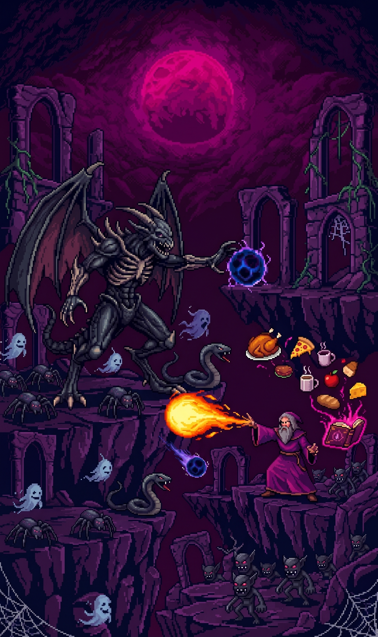 A wizard battles a demon boss in a ruined dungeon