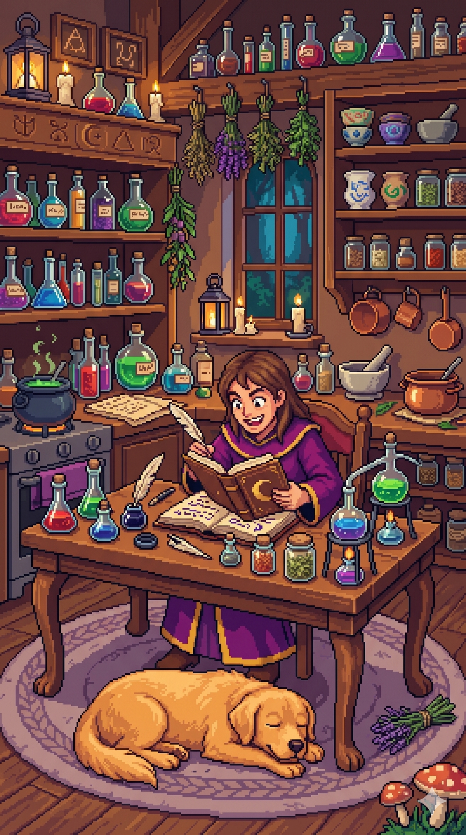 A wizard studies recipes in a potion-filled study