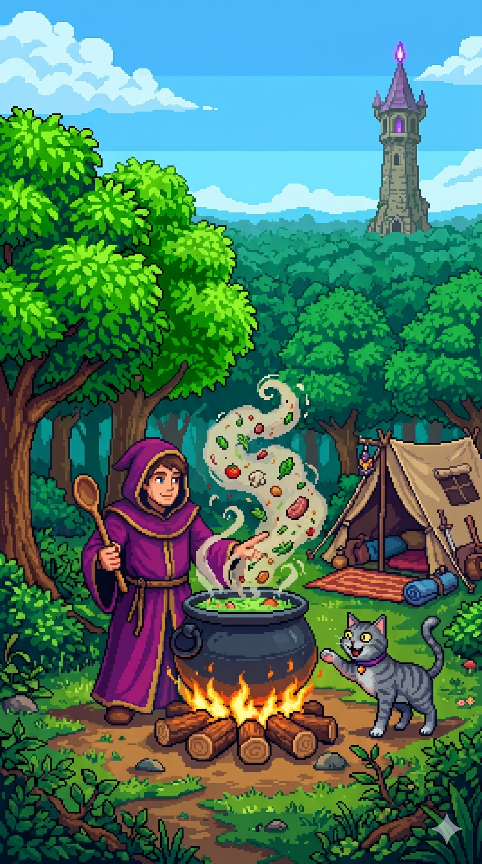 A wizard stirs a cauldron in an enchanted forest