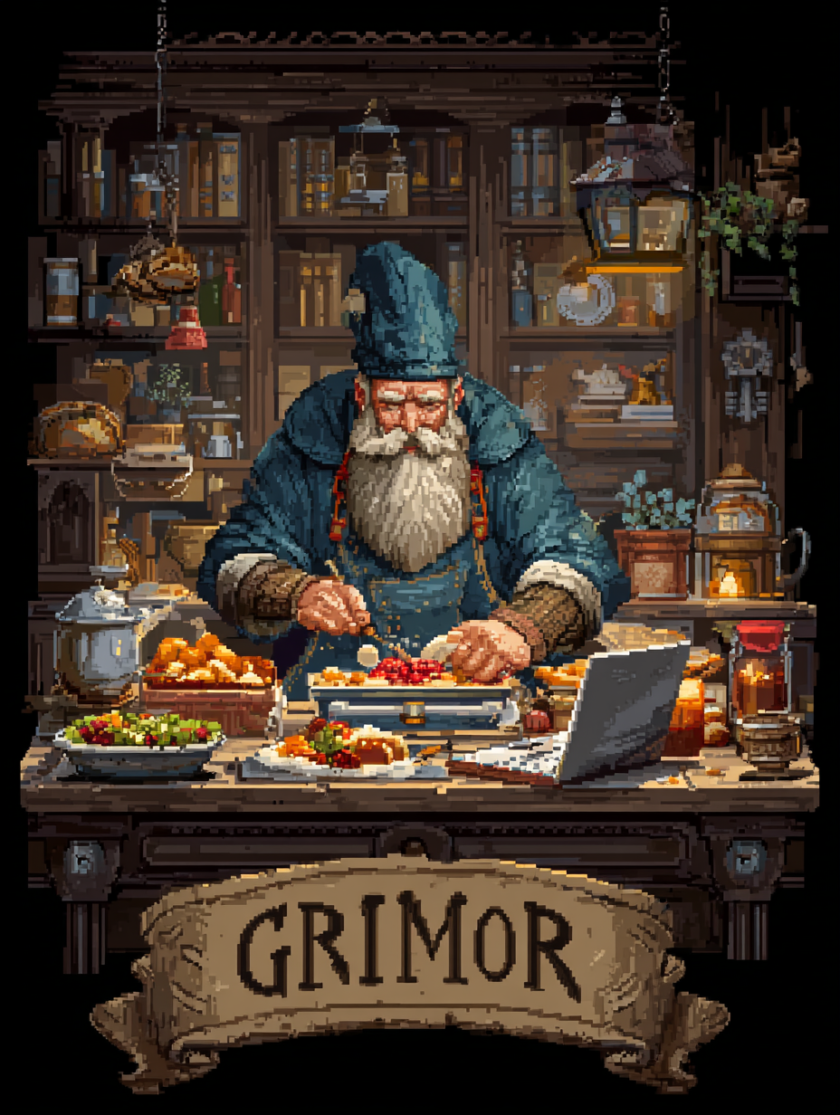 Grimor — wizard chef cooking at a medieval workbench