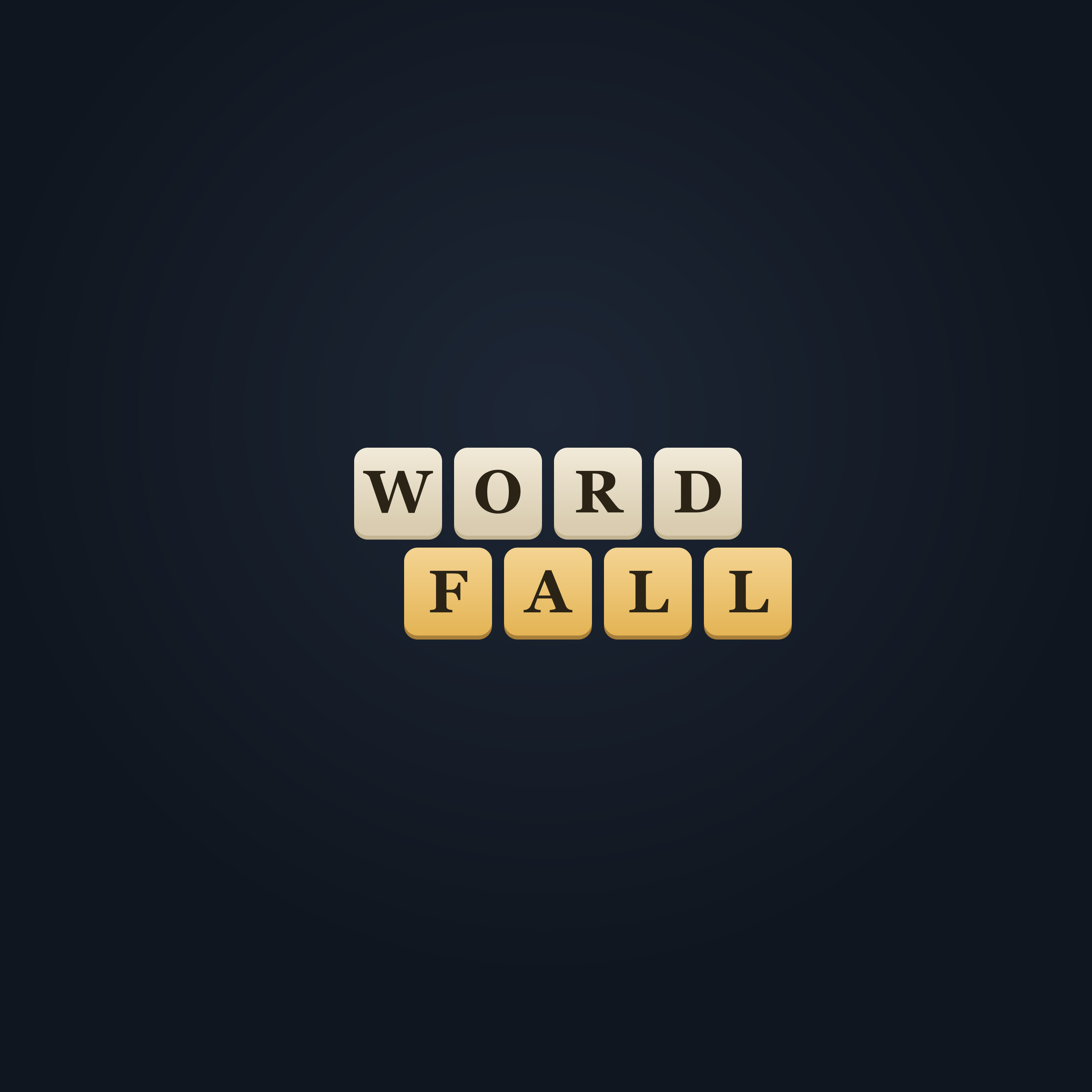 Wordfall title built from letter tiles on an ink-navy background